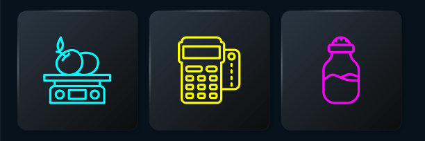 产品电子秤，香料罐头，信用卡POS终端。黑色方形按钮。向量图片下载