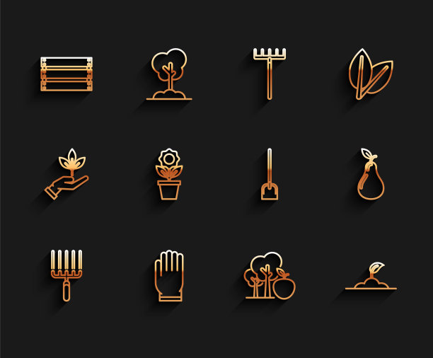 集线花园耙在工作，手套，木箱，树与苹果，萌芽，花盆，梨和铲子图标。向量图片下载