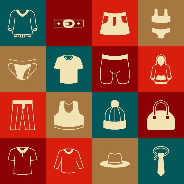 集领带，手袋，帽衫，裙子，t恤，男子内裤，毛衣和自行车短裤图标。向量图片下载