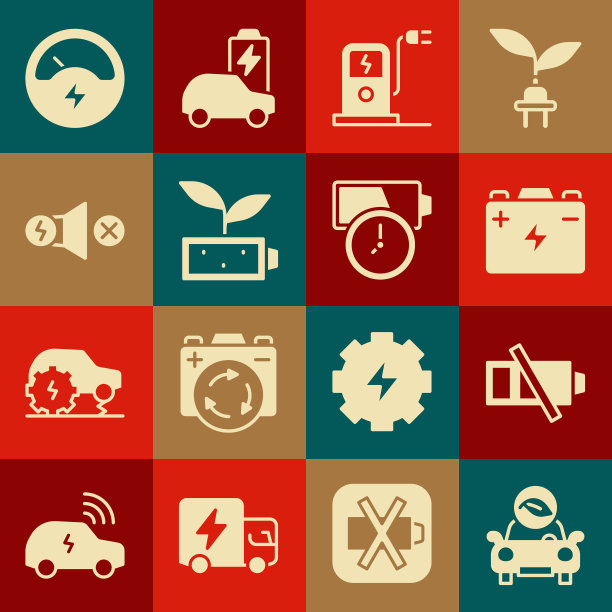 集环保汽车，低电池，汽车，电动充电站，自然叶，电机，电压表和电池充电图标。向量图片下载