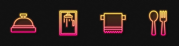 将毛巾挂在衣架上，酒店服务铃，淋浴间，叉子和勺子。发光的霓虹灯图标。向量图片下载