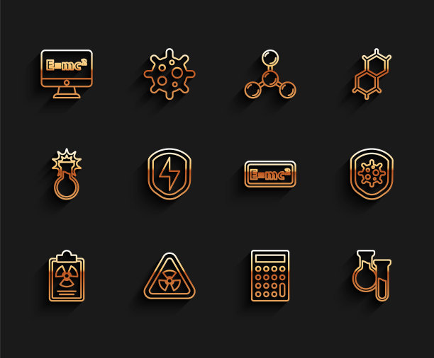 设置线辐射警告文件，三角形辐射，方程解决方案，计算器，试管和烧瓶，安全屏蔽闪电，屏蔽病毒和图标。向量图片下载