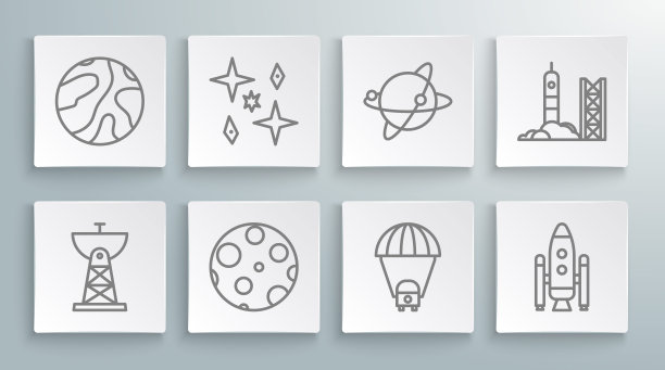 卫星碟形天线，行星，月球，土星，航天飞机和火箭，绕地球轨道运行的卫星，从太空港发射的火箭和陨星图标。向量图片下载