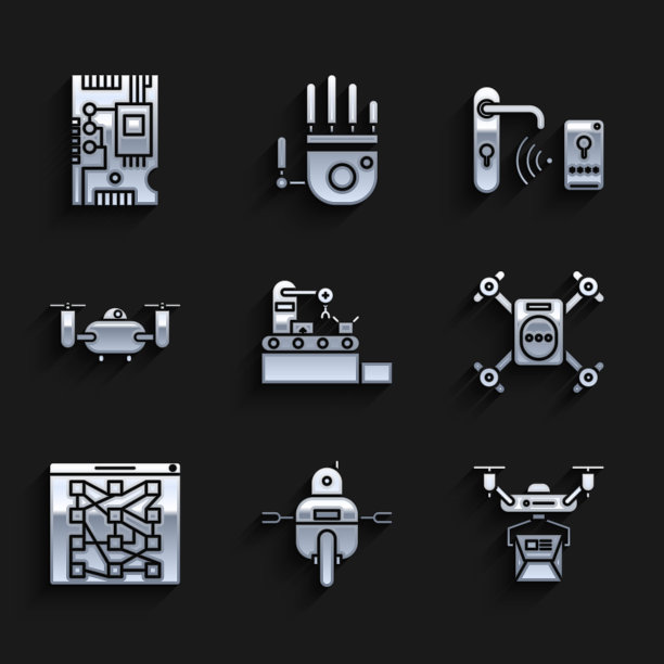集工厂传送带系统，全球科技社交网络，数码门锁无线开锁及电子电脑元件主板数码芯片图标。向量图片下载