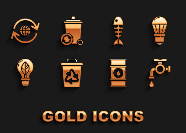 集回收站与回收符号，LED灯泡，水龙头，油桶线，光叶，鱼骨架，地球和回收和图标。向量图片下载