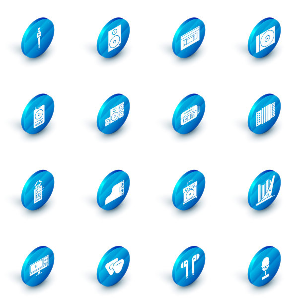 设置立体声扬声器，VHS录像带磁带，CD或DVD磁盘，音乐播放器，麦克风，乐器手风琴和图标。向量图片下载