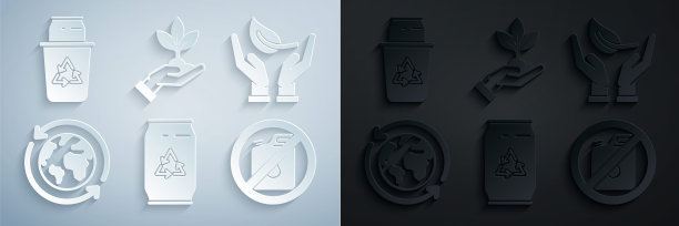 集易拉罐与回收符号和易拉罐，萌芽在手中的环保，行星地球回收，无罐汽油，工厂和回收箱图标。向量图片下载