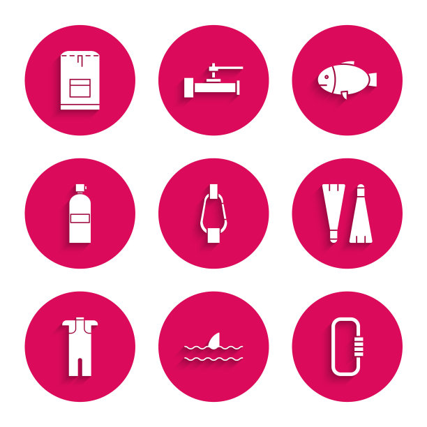 集锁扣，鲨鱼鳍海浪，橡胶鳍游泳，潜水潜水，潜水，鱼和背包图标。向量图片下载