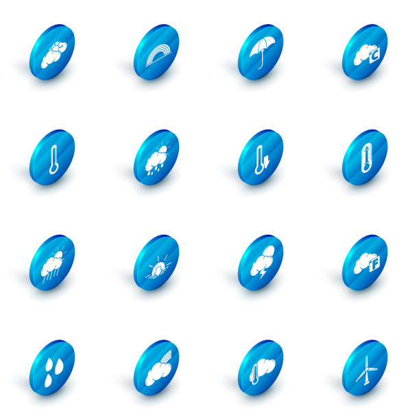 集彩虹与云，经典优雅的开伞，摄氏和，温度计，云雨太阳，和图标。向量图片下载