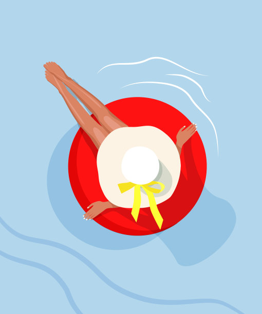 这个女孩在海里游泳。一个女孩在一个鲜艳的花车里游泳。图片下载