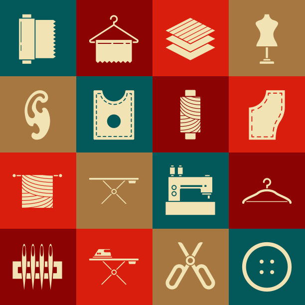 设置缝纫按钮的衣服，衣架衣柜，图案，纺织织物卷，法国曲线，和线线轴图标。向量图片下载