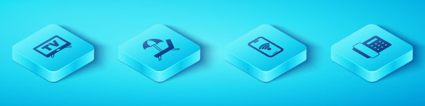 设置等距智能电视，太阳床带伞，电话手柄和移动wi-fi无线图标。向量图片下载