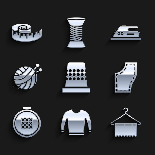设置顶针缝纫，毛衣，衣架衣柜，缝纫图案，圆形可调绣花箍，纱线球与针织针，电熨斗和卷尺图标。向量图片下载