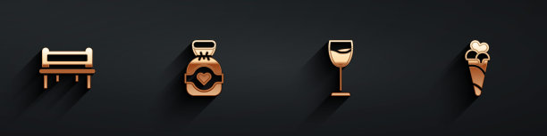 集浪漫长椅，巧克力糖果，酒杯和冰淇淋华夫蛋筒图标与长阴影。向量图片下载