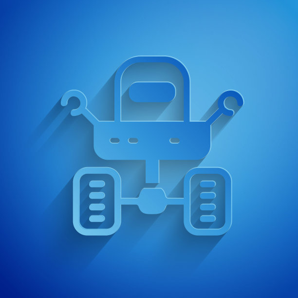 剪纸火星漫游者图标孤立的蓝色背景。空间探测器。太空城的迹象。研究行星表面的仪器。纸艺风格。向量图片下载