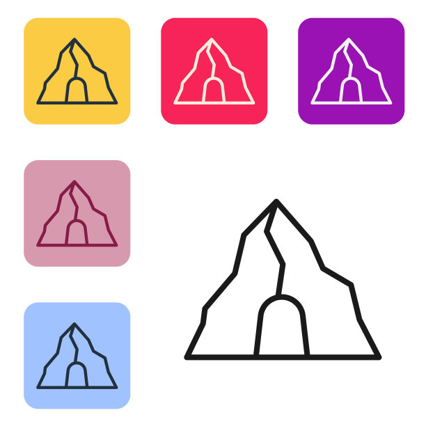 黑线金矿图标孤立在白色背景。设置图标为彩色方形按钮。向量图片下载