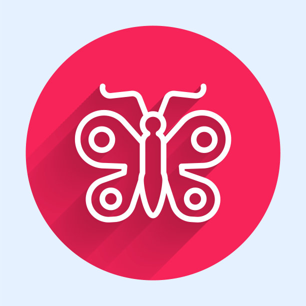 白线蝴蝶图标孤立与长阴影背景。红色圆圈按钮。向量图片下载