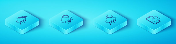 设置等距云与雨，雪和太阳，天气预报和月亮图标。向量图片下载