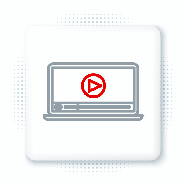 联机播放视频图标孤立在白色背景上。笔记本电脑和带有游戏标志的胶片条。色彩缤纷的轮廓概念。向量图片下载