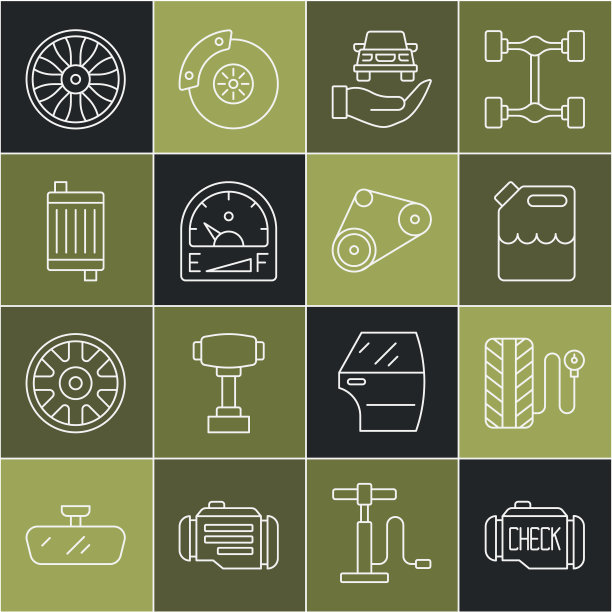 设置线检查发动机，轮胎压力表，汽油罐，汽车服务检查汽车，电机，汽车散热器冷却系统，合金轮毂汽车和正时皮带套件图标。向量图片下载