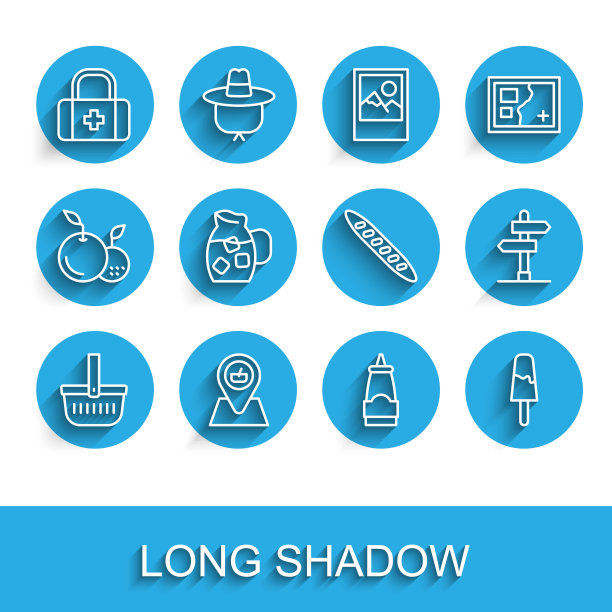 野餐篮，位置，急救箱，酱汁瓶，冰淇淋，盛水的水壶，道路交通标志和法国法棍面包图标。向量图片下载