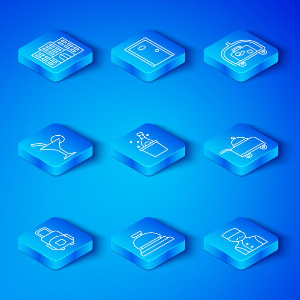 设置线行李箱，香槟瓶，酒店服务铃，覆盖托盘食品，行李车，鸡尾酒，建筑和礼宾图标。向量图片下载