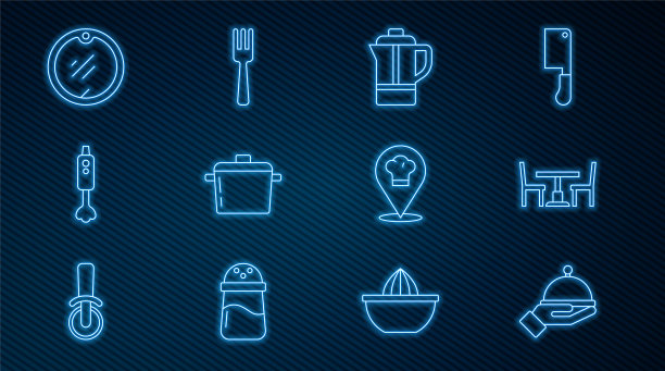 设置线覆盖托盘，木制桌椅，茶壶，烹饪，搅拌机，砧板，厨师帽位置和叉子图标。向量图片下载