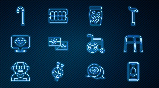 设置线紧急电话，助行器，药瓶和药丸，监护与心电图，祖父，手杖手杖，轮椅和假下巴图标。向量图片下载