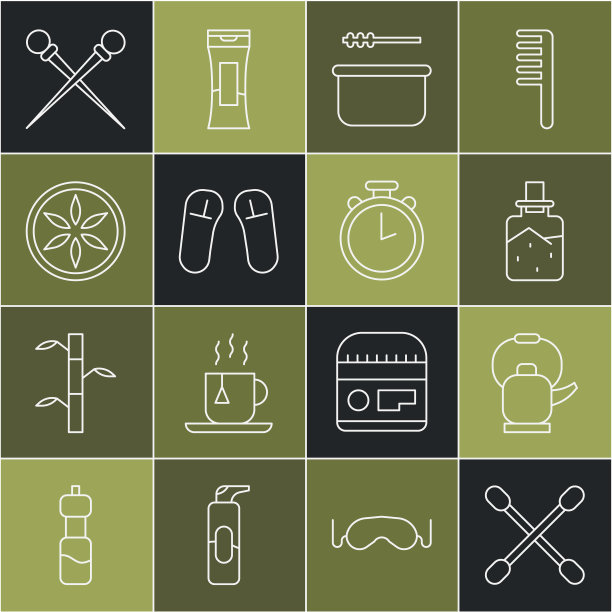 集线棉签耳朵，水壶与手柄，水疗盐，桑拿桶勺，拖鞋，叶植物性质，针织针和秒表图标。向量图片下载