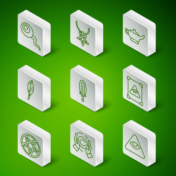 集线石匠，魔术球手，眼睛，剑在火，羽毛，五角星项链，圆圈和古代魔法书图标。向量图片下载