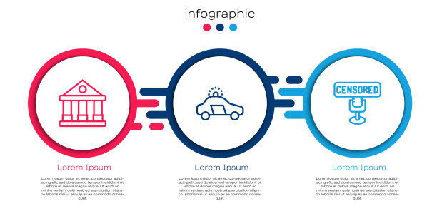 设定线:法院大楼、警车、闪光灯和审查邮票。业务信息图表模板。向量图片下载