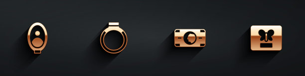 在博物馆的肖像画，金戒指，堆栈纸币现金和蝴蝶框架图标与长阴影。向量图片下载