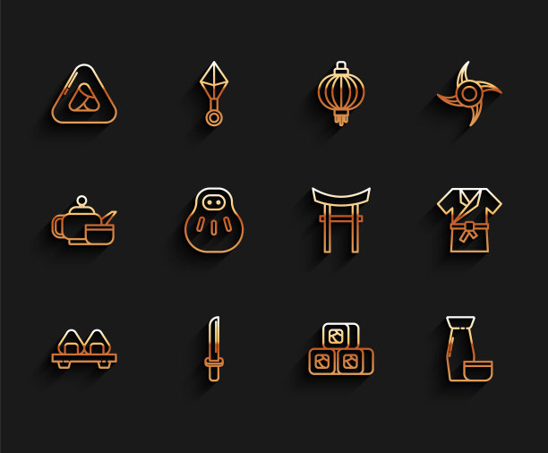 设线切菜板寿司，日本武士刀，传统茶道，Maneki neko猫，服装和服和门图标。向量图片下载