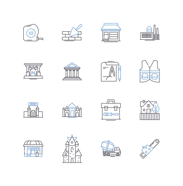 凿线图标集合。木工，雕刻，雕刻，金属制品，手工工具，工艺，精密矢量和线性插图。刀片，边缘，锈轮廓标志设置图片下载