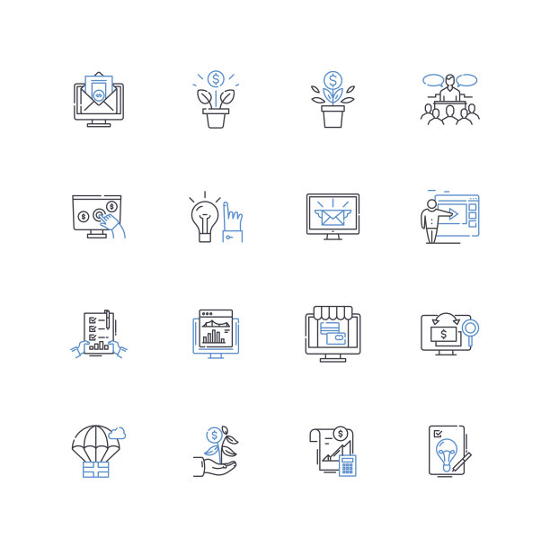 Bloom启动线图标集合。Facebook，公告，发布，技术，创新，市场，社区矢量和线性插图。平台、投资、创业纲要标牌设置图片下载