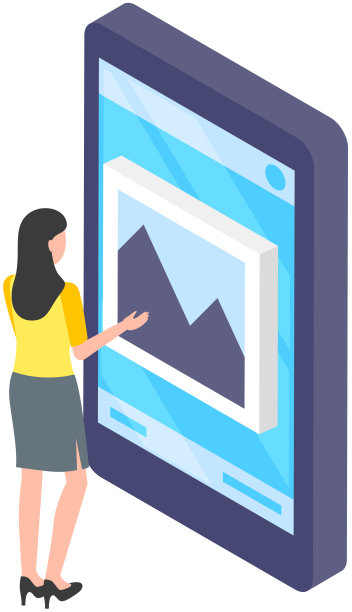 妇女浏览图片库，图片展出。智能手机屏幕与照片和视频存储图片下载