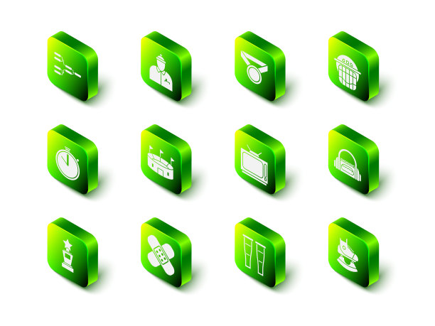 集曲棍球教练，奖牌，头盔，运动包，冰鞋，复古电视，拐杖拐杖和交叉绷带石膏图标。向量图片下载