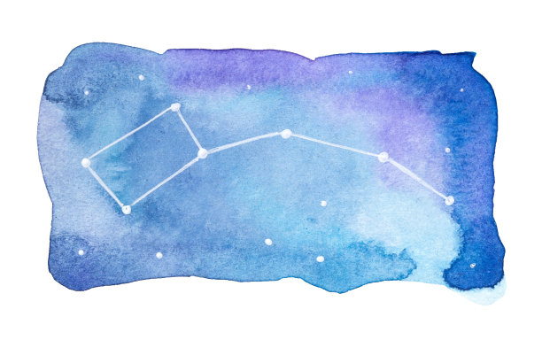 蓝色和紫色渐变背景上的天空形状的水彩插图与星星和大熊座星座。图片下载