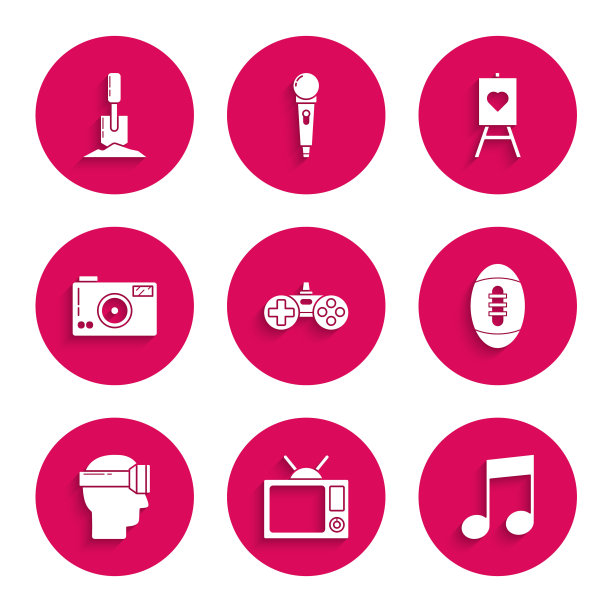设置手柄，电视，音符，音调，美式橄榄球，虚拟现实眼镜，照相机，木画架或绘画艺术板和铲地面图标。向量图片下载