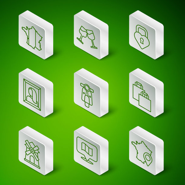 集线地图法国，国旗，摩托车，肖像图片在博物馆，酒杯，风车和纸购物袋图标。向量图片下载