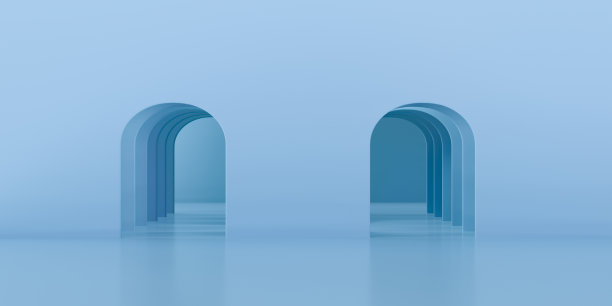 3d蓝色的一排拱门。抽象的极简建筑概念在柔和的颜色。室内设计极简主义。3d渲染图。图片下载