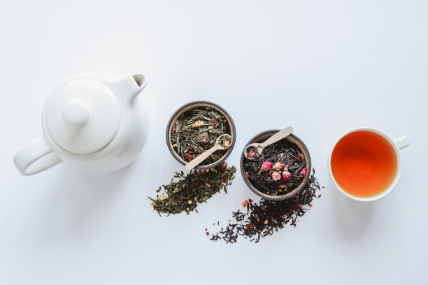 各种工艺茶，茶壶和杯子在白色的背景，俯视图图片下载