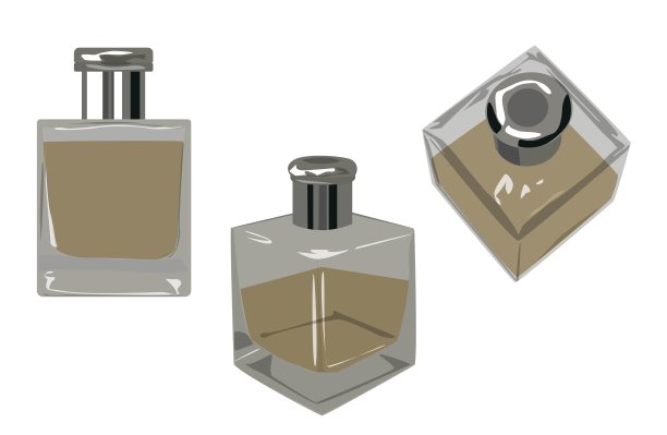 一套三个香水瓶在不同的位置充满液体隔离在白色空背景图片下载