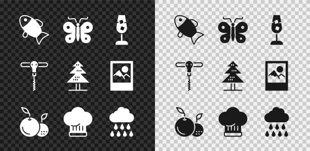 集鱼，蝴蝶，酒杯，水果，厨师帽，云与雨，开瓶器和树的图标。向量图片下载