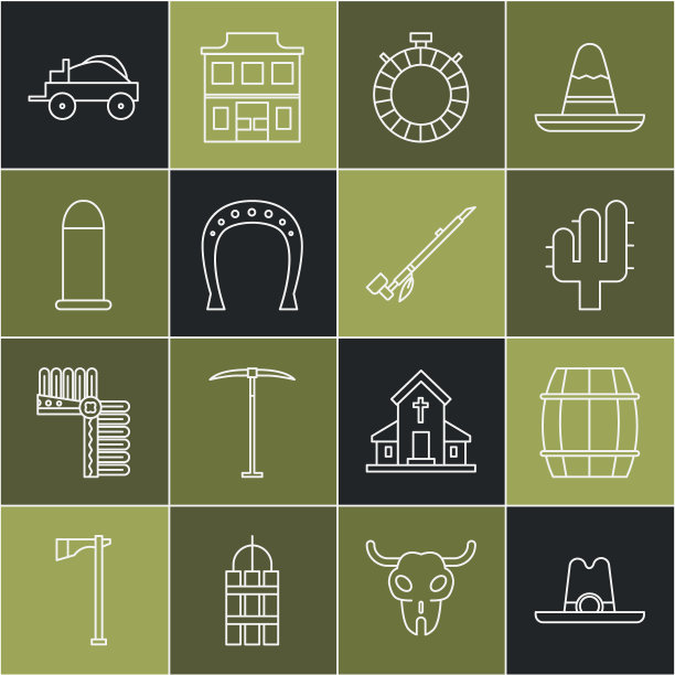 设定线西部牛仔帽，木桶，仙人掌，水壶，马蹄铁，子弹，狂野西部篷车和美国印第安人吸烟管图标。向量图片下载