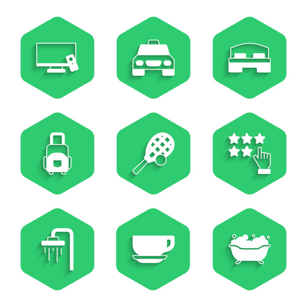 集网球拍与球，咖啡杯，浴缸，星级评级，淋浴，行李箱，酒店房间床和智能电视图标。向量图片下载