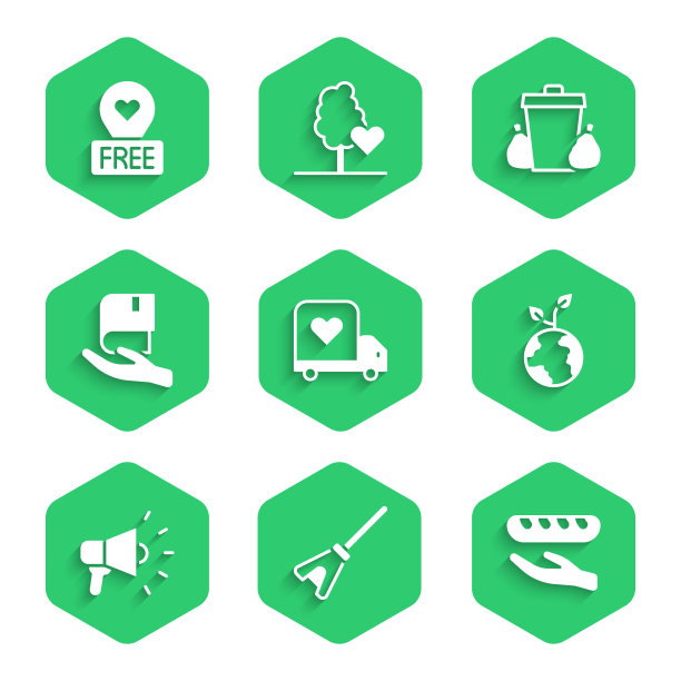 设置送货卡车与心脏，拖把，捐赠食物，志愿者团队植树，扩音器，捐赠书籍，垃圾桶和位置图标。向量图片下载