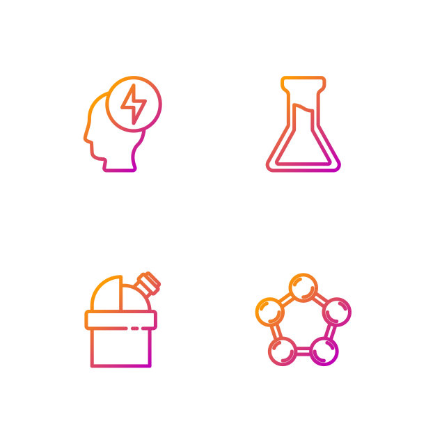 设置线分子，天文台，头和电子符号和试管烧瓶。渐变颜色图标。向量图片下载