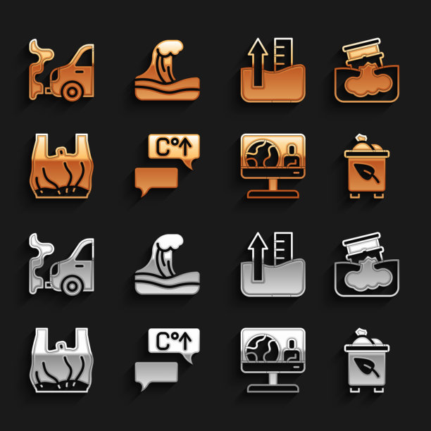 设置全球变暖，桶油泄漏，回收站与回收，天气预报，说不塑料袋海报，上升水位，汽车尾气和海啸图标。向量图片下载