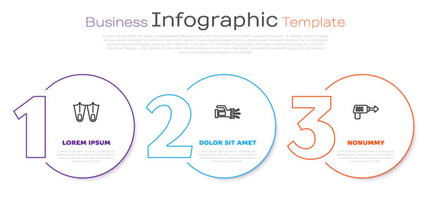 设置线橡胶鳍，手电筒和钓鱼鱼叉。业务信息图表模板。向量图片下载